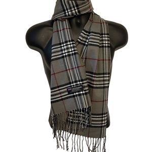Super Soft 100% Cashmere Grey, Black, White & Red Plaid Scarf